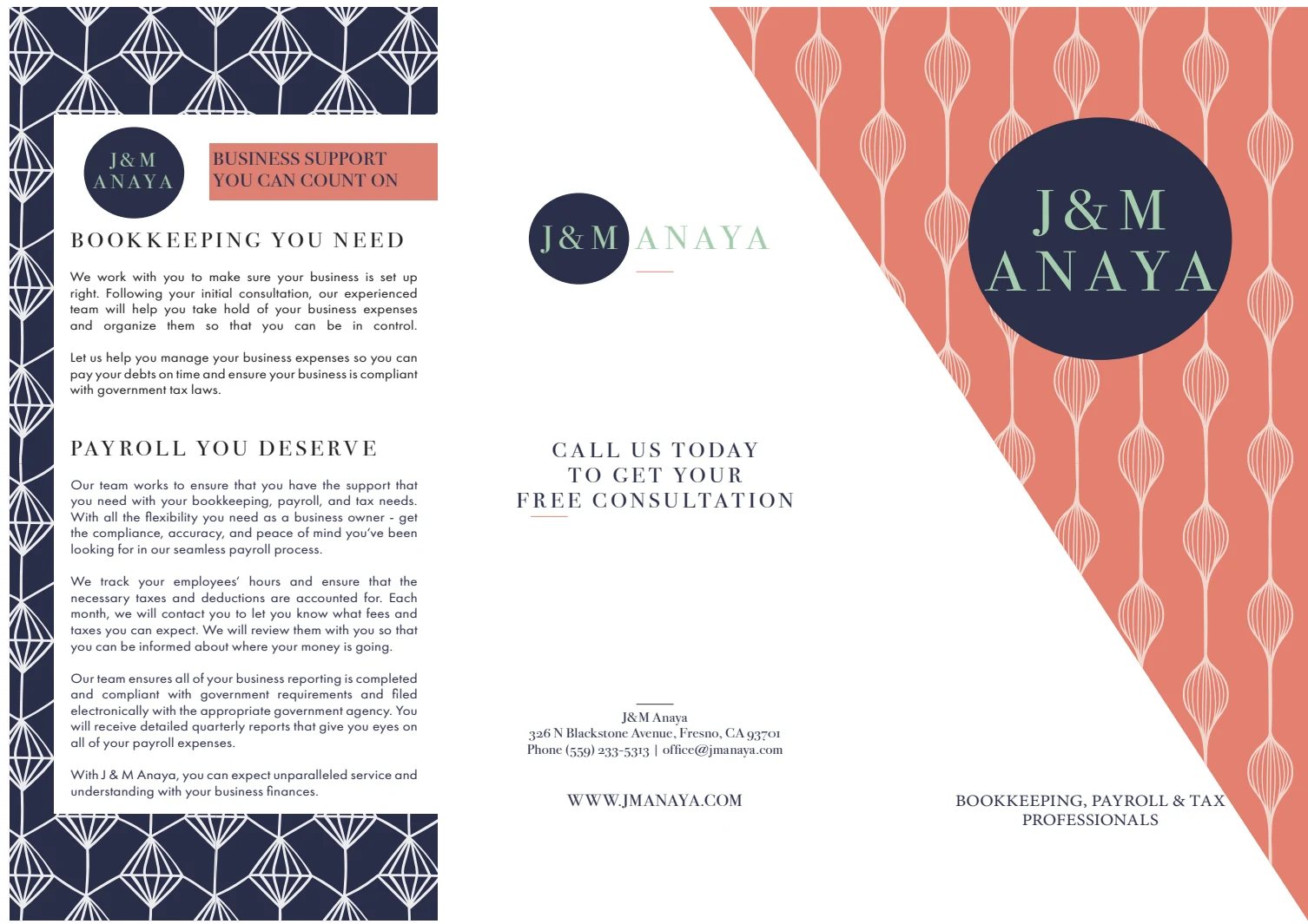 J&M Anaya brochure exterior. Geometric panels and repeating patterns organize the identity and service information around a licensed photograph selected to connect with blue-collar clients.