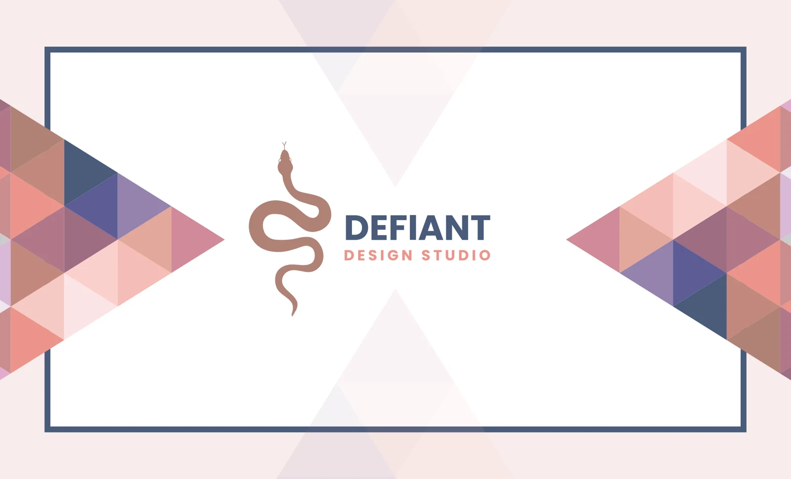 Defiant studio business card design, combining bold sans-serif lettering, an elegant snake, geometric triangles, and contrasting soft colors.